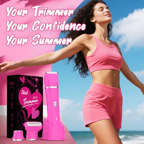 3-in-1 Bikini Trimmer for Women, Electric Shaver, Grooming Kit (Hot Pink)