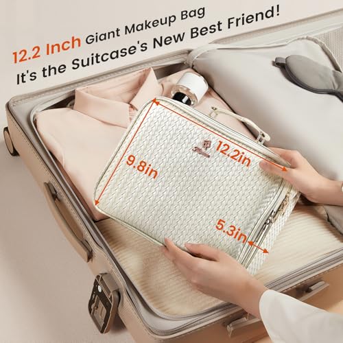 Makeup Bag with LED Lighted Mirror 12.2 IN Cosmetic Train Case Double Layer Makeup Case Adjustable Brightness in 3 Colors Cosmetic Organizer Artist Storage with Brush Holder Vanity Beige (12.2 Inch Beige / 0-Double Layer)