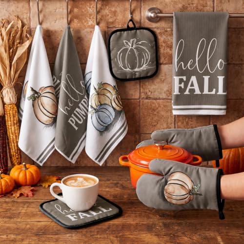 10 Pcs Fall Pumpkin Kitchen Decor Set Kitchen Towels Pot Holders Oven Mitts and Rugs Set Thanksgiving Towels for Baking Cooking BBQ Autumn Home (Light Brown / Minimalist Style Pumpkin)