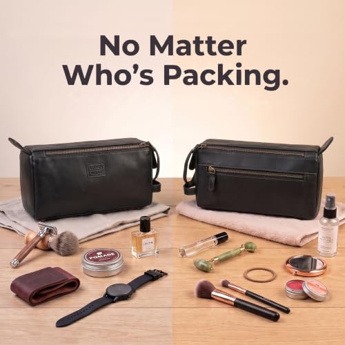 Genuine Leather Toiletry Travel Bag For Men & Women (Distressed Black / 10"X5")