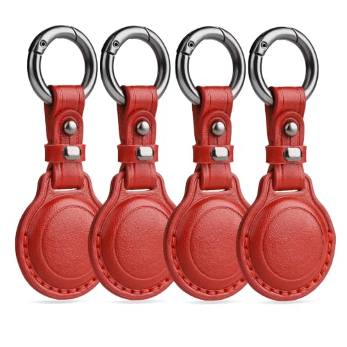 Genuine Leather Keychain Holder Case for Apple AirTag ((4 Pack)Red)