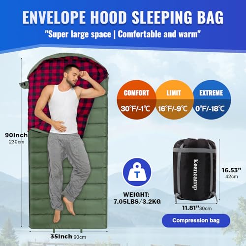 0 Degree Sleeping Bag Cotton Flannel Winter Cold Weather for Adults XXL Sleeping Bag 4 Season Big and Tall with Pillow Compression Sack (OLIVE_R)