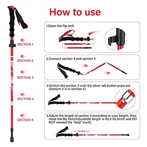 Lightweight Collapsible Trekking Poles Folding Hiking Sticks (Red 95-110cm)
