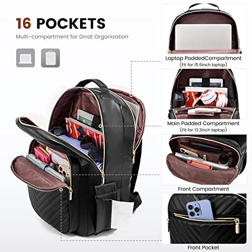 Laptop Backpack Purse for Women (Black(pu Leather) / 15.6-Inch)