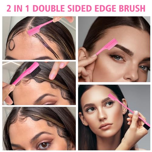3 Pieces Hair Styling Comb Set Teasing Brush Rat Tail Comb Edge Brush for Edge&Back Brushing (Pink-3pcs)