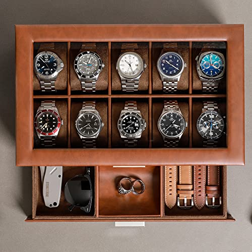 10 Slot Watch Box in Leather with Valet Drawer (Tan/Brown)