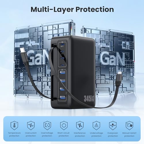 345W USB C Charger 10 in 1 Retractable Wall Charger with 2 Cables (Black / 345W)