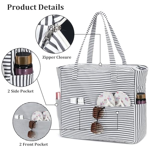 Beach Bag Waterproof Sandproof Women Beach Tote Swim Pool Bag with Zipper Wet Pocket for Gym Grocery Travel Family (Light Black White)