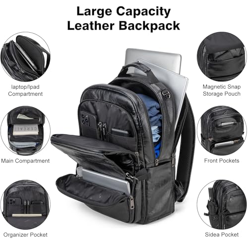 Full Grain Genuine Leather Laptop Backpack for Men and Women (W-black)