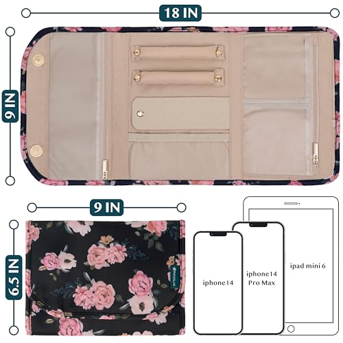 Travel Jewelry Case Organizer Roll Bag Accessories Floral Black (Floral Black)