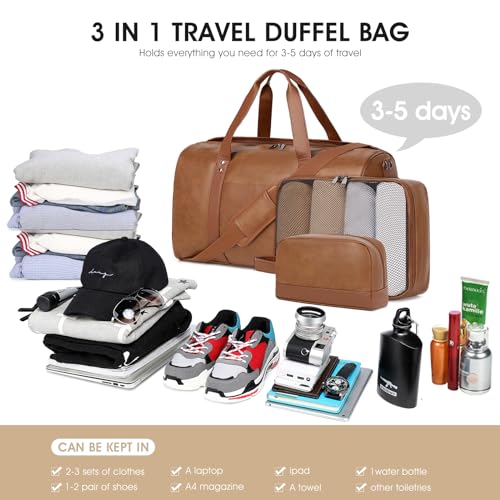 3PCS Faux Leather Weekender Bag for Women Men Travel Bag Overnight Bags (Light Brown)