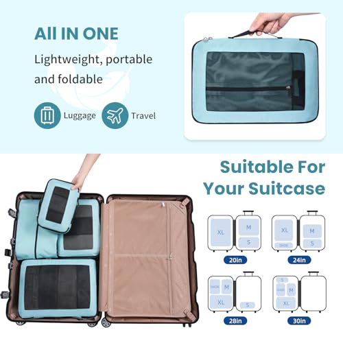 Compression Packing Cubes for Travel (Mint Blue / 4 set-Square Mesh)