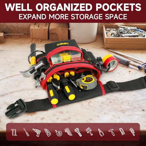 Tool Belt,14-Pockets Tool Belts for Men with Magnetic Tool Pouch (Black&red)