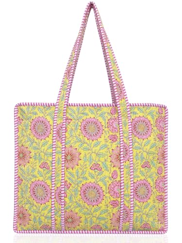 100% Cotton Quilted Tote Bag For Women (Lustrous Yellow Floral Print)