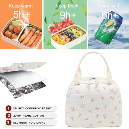 Lunch Bag for Women Men Cute Corduroy Lunch Tote Bags Reusable Insulated Lunch Box Large Capacity Reusable Insulated Cooler for Work Picnic or Travel (Bowtie-Pink / 10L)