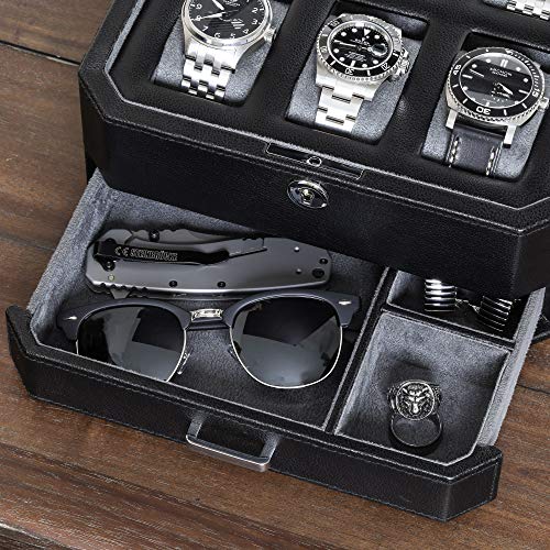 Gift Set 6 Slot Leather Watch Box and 2 Watch Travel Case (6 Slot - Black/Grey Gift Set)