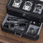 6 Slot Leather Watch Box with Valet Drawer (6 Slot - Black / Grey)