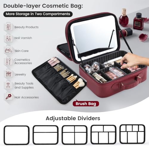 Makeup Bag with LED Lighted Mirror 12.2 IN Cosmetic Train Case Double Layer (12.2 Inch Red / 0-Double Layer)