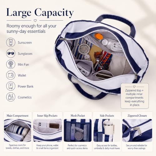 Beach Bag Waterproof Sandproof Women Beach Tote Pool Bag with Zipper for Gym Grocery Travel with Wet Pocket (Light Navy Blue)
