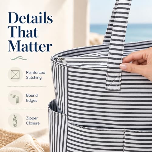Waterproof Beach Tote Pool Bags for Women Ladies Extra Large Carry On Bag With Wet Compartment for Weekender Travel (Purple & White Micro Stripes)