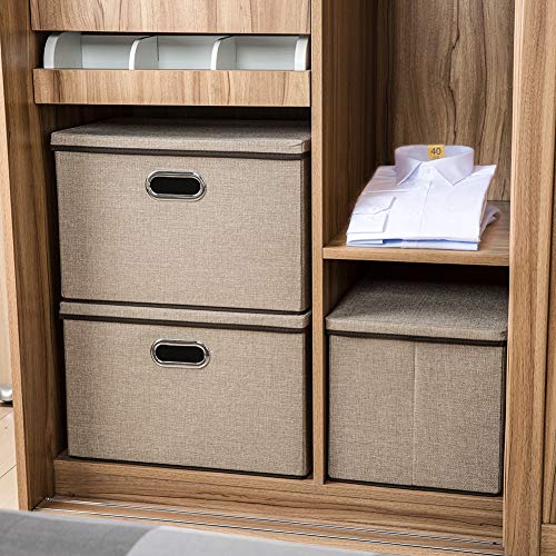 Large Collapsible Storage Bins with Lids [3 (Khaki / L(3-Pack))
