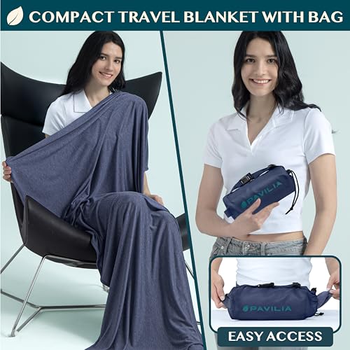 Travel Blanket Airplane Compact with Bag Lightweight (Navy Blue / 65 x 40 inches)