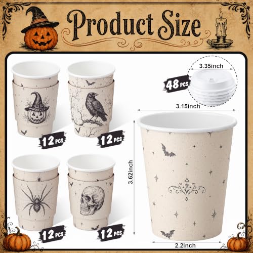 48 Sets 8 oz Halloween Disposable Coffee Cups with Lids and Sleeves (Spider)