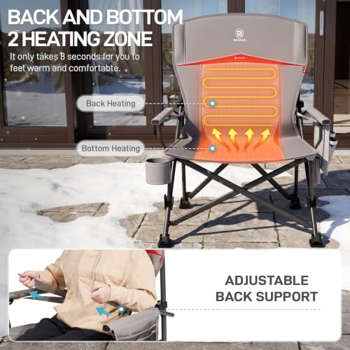 Heated Lumbar Support Oversized Folding Camping Chair for Adults (Heated Khaki Grey)