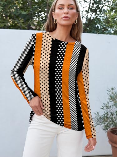 Long Sleeve Shirts for Women Casual Crewneck Tops Basic Tees (Medium / Stripeddots)