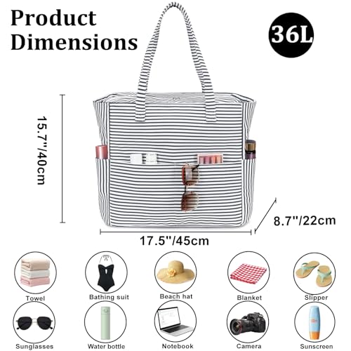 Beach Bag Waterproof Sandproof Women Beach Tote Swim Pool Bag with Zipper Wet Pocket for Gym Grocery Travel Family (Light Black White)