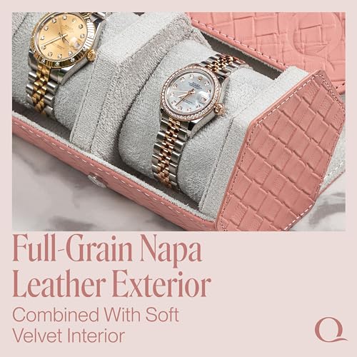 Ladies Leather Watch Roll Travel Case for 3 Watches (3 - Woven Pink / Gray)