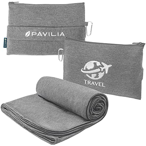Travel Blanket Airplane Compact Pillow with Bag for Flights (Gray / 65 x 40 inches)