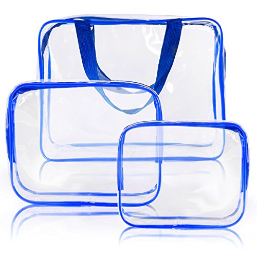 3Pcs Crystal Clear PVC Travel Toiletry Bag Kit for Women Men (1 Large, 1 Medium, 1 Small-Blue / 3 Piece Set)