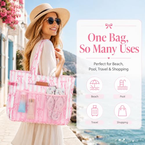 Large Beach Bag for Women (Pink White)