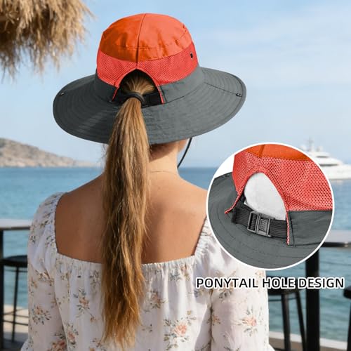 Ponytail Sun Bucket Hats for Women UV Protection Foldable Wide Brim (1-orange)