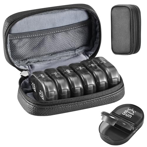 Weekly Travel Pill Organizer 2 Times a Day AM PM Black Pill Box (B Pu Black 01 / 1 Set PU Case)