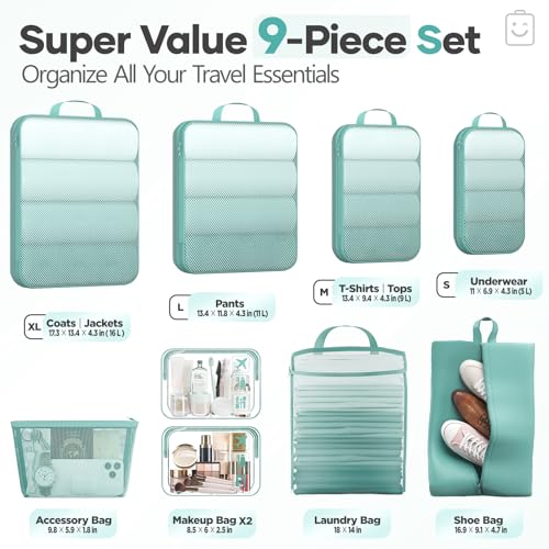 9 11 Set Compression Packing Cubes for Travel Essentials (Blue Green / 9 set)