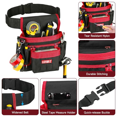 Tool Belt,14-Pockets Tool Belts for Men with Magnetic Tool Pouch (Black&red)