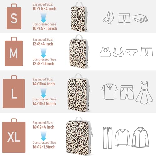 4 Set Compression Packing Cubes For Travel Bags Organizer For Luggage Suitcase Organizer (Brown Leopard / Set of 4)