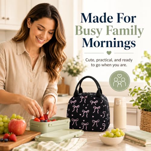 Lunch Bag for Women Cute Corduroy Lunch Tote Bags with Shoulder Strap Reusable Insulated Lunch Box Large Capacity Reusable Insulated Cooler for Work Picnic or Travel (Coquette Bow Black / 10L)