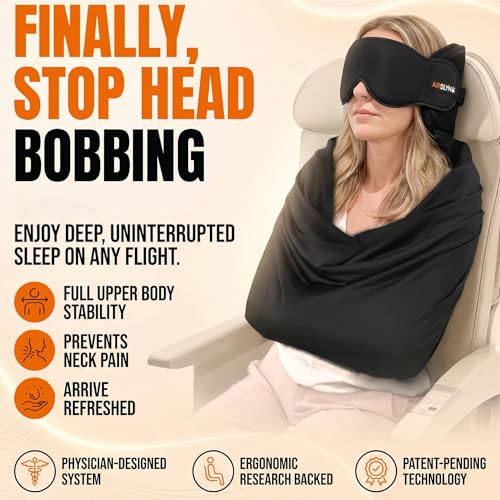 2 Pack 3-in-1 Airplane Sleep Support System - Plane Sleeping Accessories with Memory Foam Long Haul Flight Pillow, Adjustable Travel Eye Mask, and Blanket-Like Body Sling - Fits in Carry On (Standard – 2 Pack)