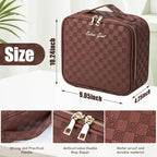 Makeup Travel Train Case with Mirror LED Light 3 Adjustable Brightness Large Cosmetic Bag Portable Storage Adjustable Partition Waterproof Makeup Brushes Make up Jewelry Gift for Women (Plaid Brown)