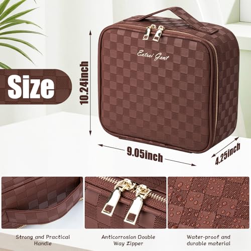 Makeup Travel Train Case with Mirror LED Light 3 Adjustable Brightness Large Cosmetic Bag Portable Storage Adjustable Partition Waterproof Makeup Brushes Make up Jewelry Gift for Women (Plaid Brown)