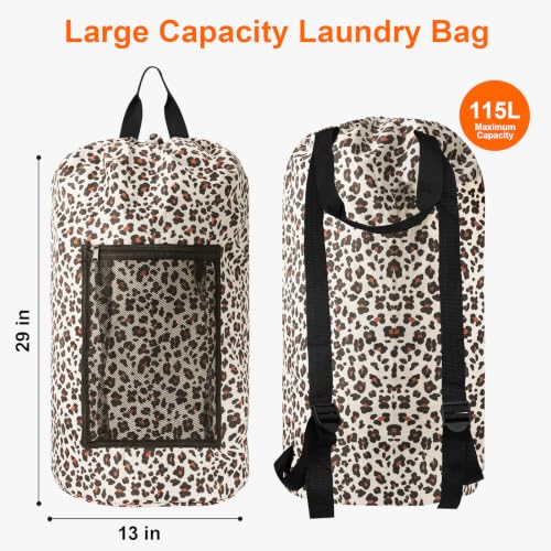 Laundry Backpack Portable Travel Laundry Bags with Straps and Mesh Pocket (Leopard Print / 2 Pack)