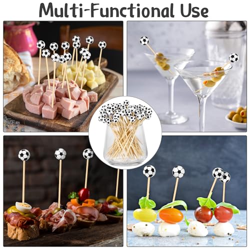 100 Pieces Soccer Decorative Sports Ball End Cocktail Skewers 4.7 Inch Bamboo Cocktail Picks Wooden Decorative Fruit Toothpicks for Appetizers Bar Drinks Fruit Sandwich Buffets Party Supplies (Soccer)