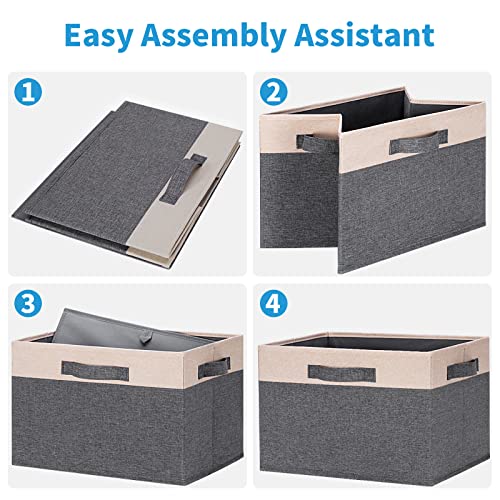 Large Fabric Storage Bins for Shelves with 3 Handles (Large-3 Pack / Grey & Beige)