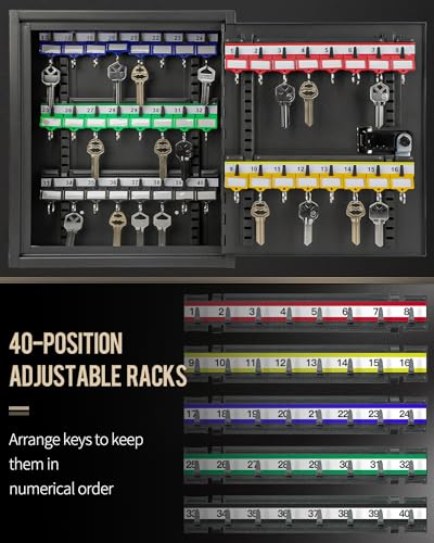 40 Position Key Cabinet with Combination Lock Resettable Black Digital Security Storage Box Steel Key Organizer with Adjustable Racks Colorful Key Tag Labels and Hooks (Black / 40 Keys)