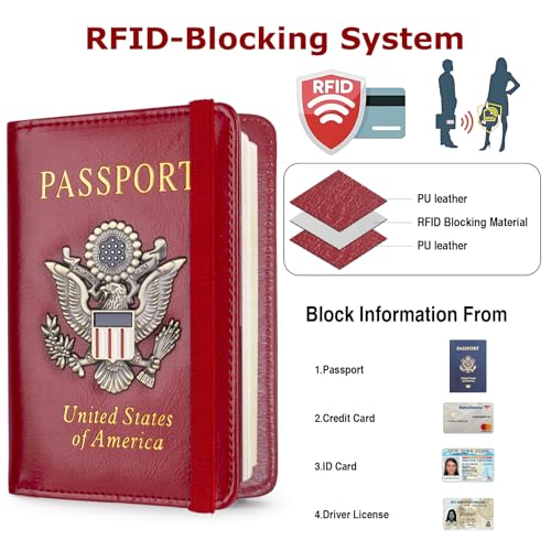 Premium Passport Holder for Travel RFID Blocking Passport Cover Slim (Red / Classic Metal Stamp)