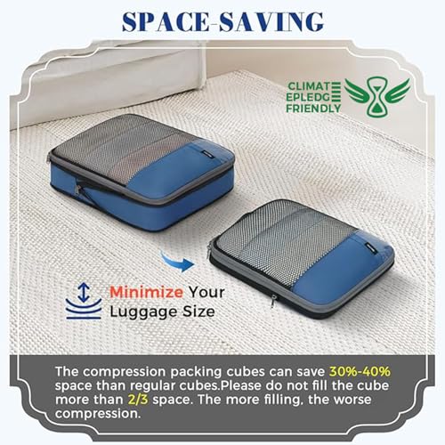 4 Set/6 Set/8 Set Compression Packing Cubes Travel Accessories Expandable Packing Organizers(HalfMesh,8-Navy) (8-Navy / Half Mesh)