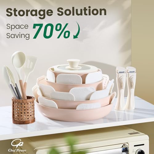 Ceramic Nonstick Pots and Pans Set 19 Piece with Detachable Handle (Light Pink)